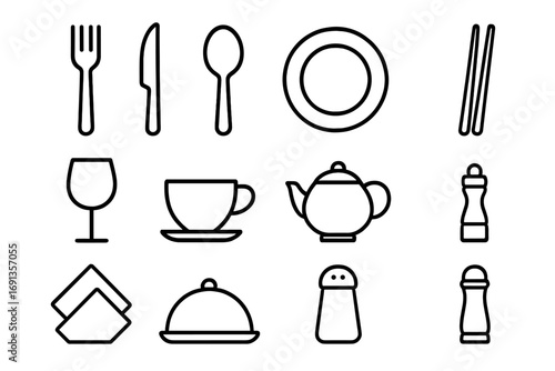 Dining Icon Set. Outline icon set of dining essentials: fork, knife, spoon, plate, wine glass, coffee cup, teapot, chopsticks,