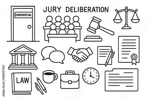 Jury Deliberation Icons. Hand-drawn doodle illustration jury deliberation confidentiality closed door, jury box, judge’s gavel,