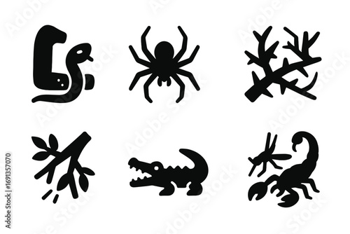 Jungle Danger Icons. Solid, filled icon set of jungle dangers: snake bite, spider, quicksand, thorn bush, falling branch,
