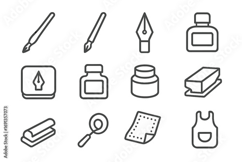 Dip Pen Icon Set. Outline icon set of traditional dip pen setup: oblique holder, straight holder, pointed nib, broad nib, nib tin,