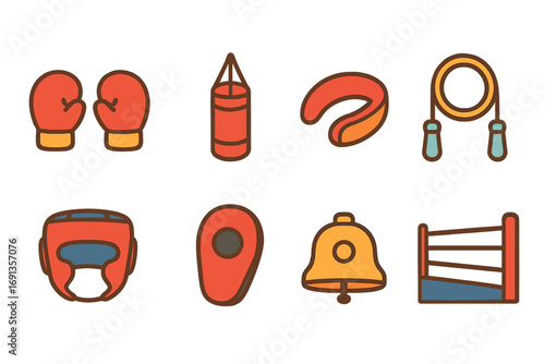 Children's Boxing Icons. Flat vector mini-illustrations boxing training in colors children's illustrations: