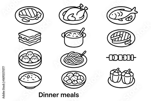 Dinner Meal Icons. Outline icon set of dinner meals: steak plate, roast chicken, baked fish, lasagna slice, curry pot, grilled