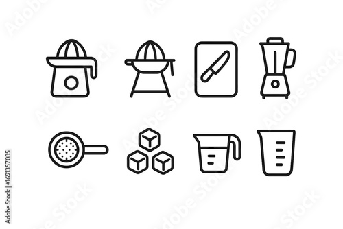 Juice Preparation Icons. Outline icon set of juice preparation: juicer machine, fruit press, cutting board, knife, blender,