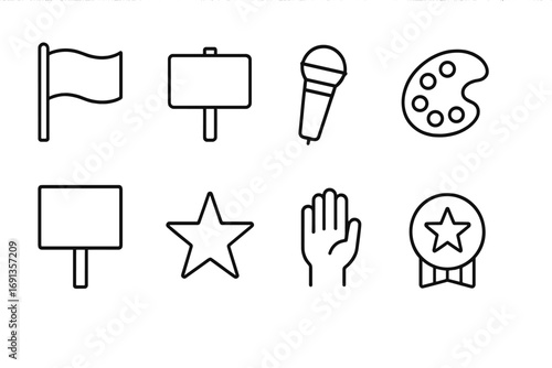 Political Art Icons. Outline icon set of art in political movements: flag, protest sign, microphone, painting