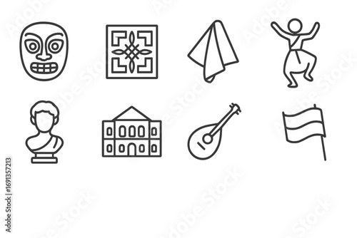 Cultural Icon Set. Outline icon set of art and cultural identity: mask, traditional pattern, fabric, dance