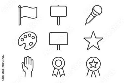 Political Art Icons. Outline icon set of art in political movements: flag, protest sign, microphone, painting