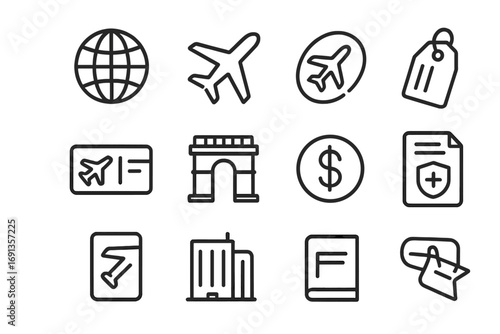 International Travel Icons. Outline icon set of international holiday travel: globe, airplane, passport stamp,
