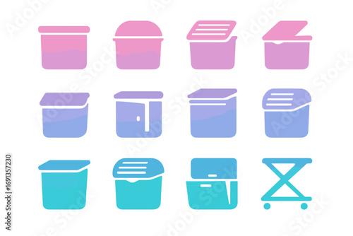 Diverse Hamper Lid Icons. Gradient icons set of hamper lid style variations: flat top, domed lid, slatted cover, folding flap,