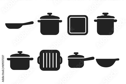 Kitchen Cookware Icon Set. Solid, filled icon set of kitchen cookware: frying pan, stockpot, baking tray, pressure cooker, Dutch
