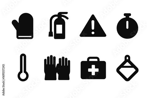 Kitchen Safety Icons. Solid, filled icon set of kitchen safety: oven mitts, fire extinguisher, warning sign, timer, thermometer,