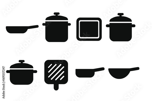Kitchen Cookware Icon Set. Solid, filled icon set of kitchen cookware: frying pan, stockpot, baking tray, pressure cooker, Dutch