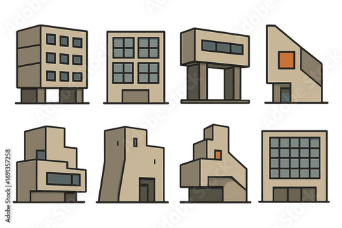 Brutalist Architecture Icons. Flat vector mini-illustrations brutalist architecture in colors children's