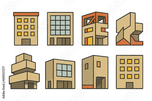 Brutalist Architecture Icons. Flat vector mini-illustrations brutalist architecture in colors children's