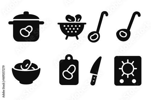 Kitchen Tool Icons. Solid, filled icon set of dried bean kitchen tools: pot, strainer, ladle, measuring spoon, bowl, cutting board