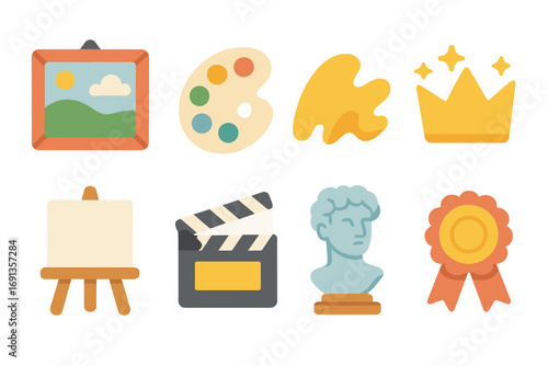 Artistic Icons Grid. Flat vector mini-illustrations artistic achievements in colors children's illustrations: