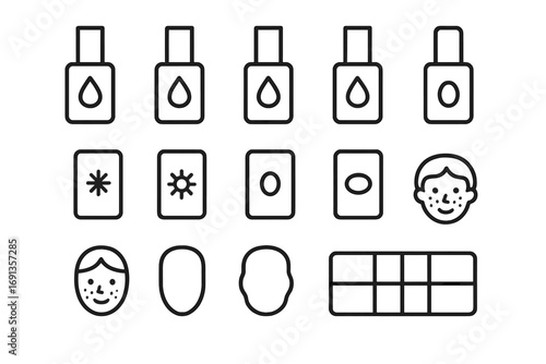 Diversity in Skincare Icons. Outline icon set of Complexion diversity & inclusion: deep shade foundation bottle, medium-deep shade