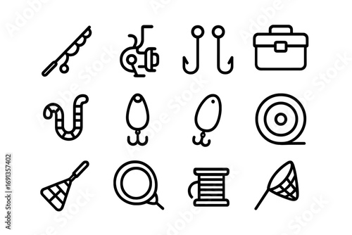 Fishing Gear Icons. Outline icon set of fishing gear: rod, reel, hooks, tackle box, bait worm, lures, line