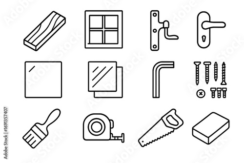DIY Playhouse Parts Icons. Outline icon set of DIY playhouse window building parts: wooden plank, window frame, shutter hinge,