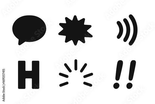 Laugh Sound Icons. Solid, filled icon set of laugh sound symbols: “LOL” bubble, “HAHA” burst, echoing sound lines, double