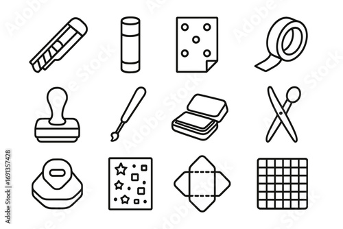 DIY Stationery Icons. Outline icon set of DIY stationery: paper cutter, glue stick, patterned paper, washi tape, rubber stamp,