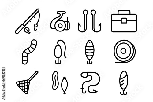Fishing Gear Icons. Outline icon set of fishing gear: rod, reel, hooks, tackle box, bait worm, lures, line