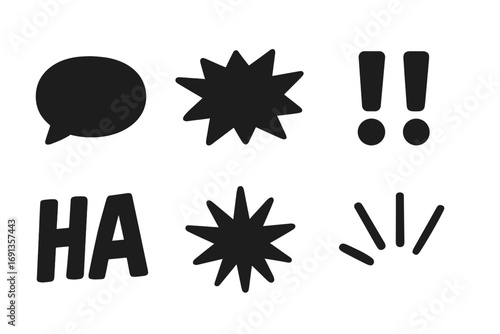 Laugh Sound Icons. Solid, filled icon set of laugh sound symbols: “LOL” bubble, “HAHA” burst, echoing sound lines, double