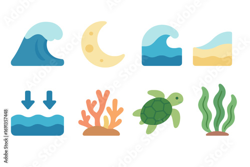 Ocean Tides Icons. Flat vector mini-illustrations Ocean currents and tides in colors children's illustrations: