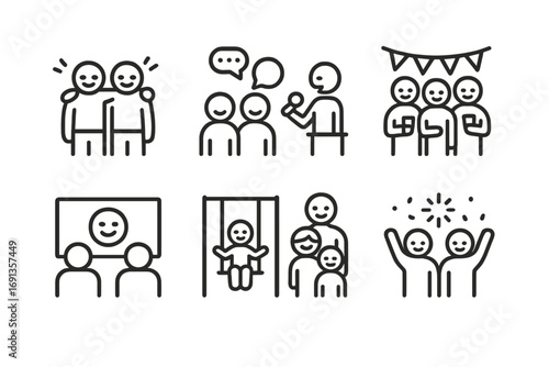 Laughter Icon Grid. Outline icon set of laughter social settings: friends laughing, group chat, stand-up comedy, party, movie