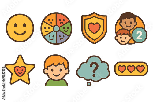 Social-Emotional Learning Icons. Flat vector mini-illustrations social-emotional learning games in colors