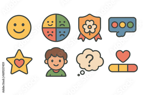 Social-Emotional Learning Icons. Flat vector mini-illustrations social-emotional learning games in colors