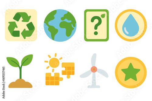 Eco Learning Icons. Flat vector mini-illustrations environmental learning games in colors children's