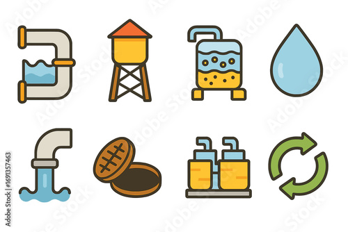 City Water Systems Icons. Flat vector mini-illustrations City water systems in colors children's illustrations