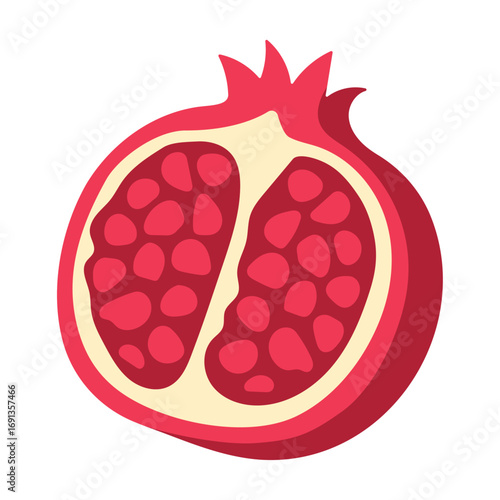 Half cut pomegranate fruit illustration with red seeds and pink skin isolated on white background in flat cartoon vector style