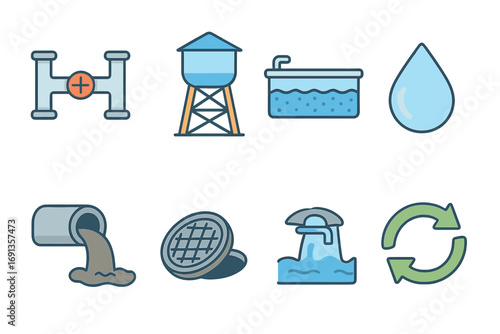 City Water Systems Icons. Flat vector mini-illustrations City water systems in colors children's illustrations