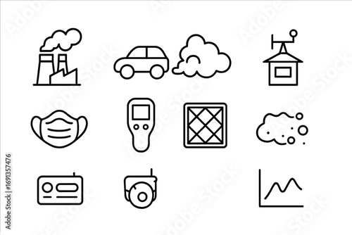 Air Pollution Icons. Outline icon set of air pollution and monitoring: factory smoke, car exhaust, smog cloud,