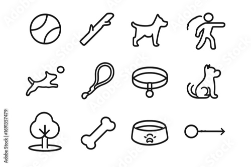 Dog Fetch Icons. Outline icon set of playing fetch with dog: ball, stick, dog silhouette, throw motion, catch, leash, collar,