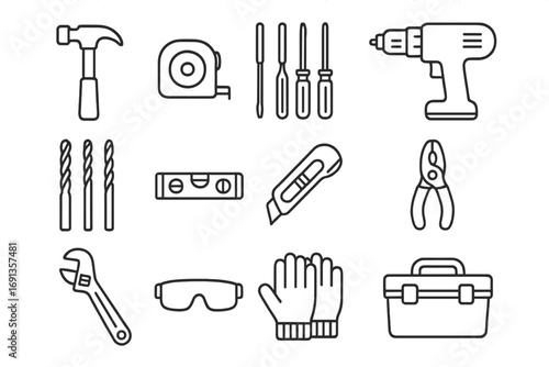 DIY Toolkit Icons. Outline icon set of DIY toolkit essentials: hammer, tape measure, screwdriver set, cordless drill, drill bits,