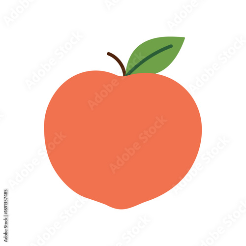 Fresh peach fruit illustration with green leaf and stem isolated on white background in minimal flat cartoon vector style