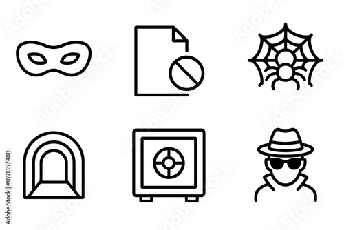 Laundering Concealment Icons. Outline icon set of laundering concealment: mask, hidden file, encryption, dark web, tunnel, safe,