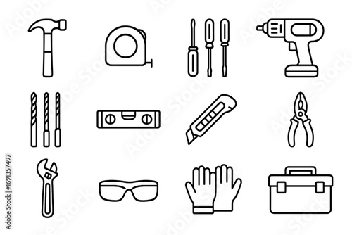 DIY Toolkit Icons. Outline icon set of DIY toolkit essentials: hammer, tape measure, screwdriver set, cordless drill, drill bits,
