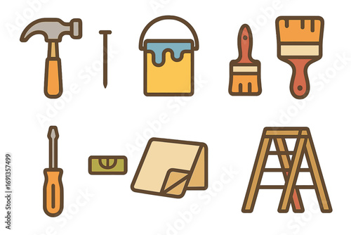 DIY Tools for Kids. Flat vector mini-illustrations DIY home repair in colors children's illustrations: claw hammer, finishing nail