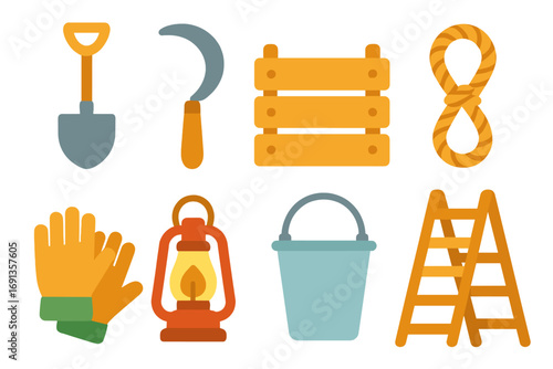 Countryside Tools Icons. Flat vector mini-illustrations Tools of the countryside morning in colors children's