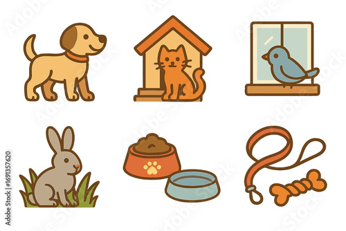 Pet Companions at Dacha. Flat vector mini-illustrations Pet companions at the dacha in colors children's