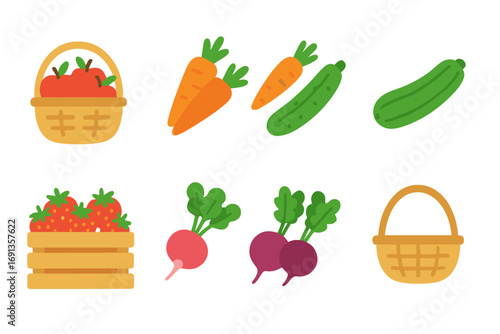 Colorful Harvest Illustrations. Flat vector mini-illustrations Fruits and vegetables harvest in colors