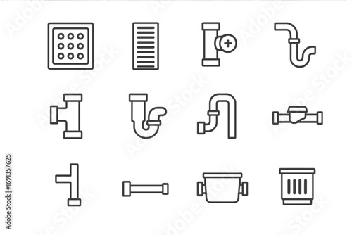 Drainage Icon Set. Outline icon set of Drainage and sewer layout: floor drain, trench drain, cleanout port, sanitary tee, P-trap,