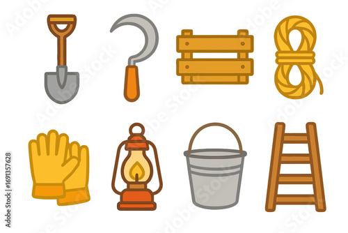 Countryside Tools Icons. Flat vector mini-illustrations Tools of the countryside morning in colors children's