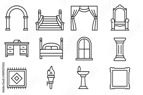 Dramatic Stage Icons Grid. Outline icon set of dramatic stage settings: archway, staircase, curtain, throne, desk, bed, window,