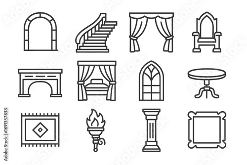 Dramatic Stage Icons Grid. Outline icon set of dramatic stage settings: archway, staircase, curtain, throne, desk, bed, window,