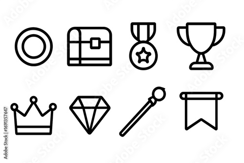 Legendary Rewards Icons. Outline icon set of legendary rewards: gold coin, treasure chest, medal, trophy, crown, gem, scepter,