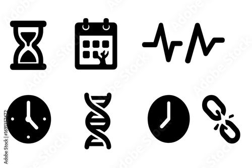 Lifespan Icon Set. Solid, filled icon set of lifespan concepts: hourglass, calendar, aging tree, heartbeat line, clock, DNA strand